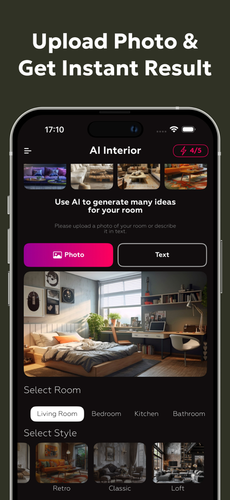 AI Home Design | Rooms Planner - AI Home Design app interface showing room type and style selection for AI interior redesign