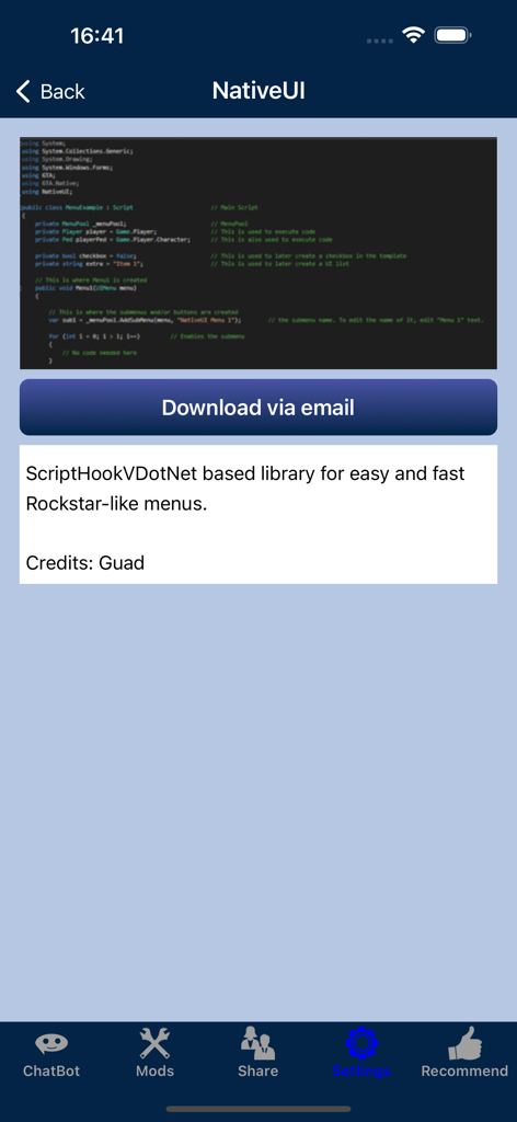 Interface showing NativeUI script mod details and download via email button in the GTA5 Mods app