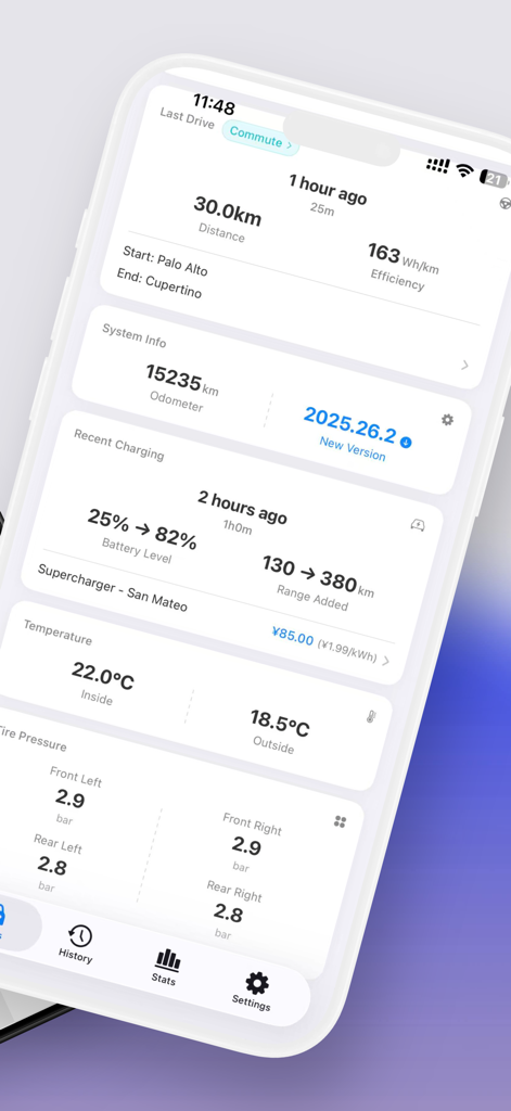 Mytess - Panel de la aplicación Mytess que muestra el estado del vehículo Tesla, historial de carga y datos de presión de neumáticos.