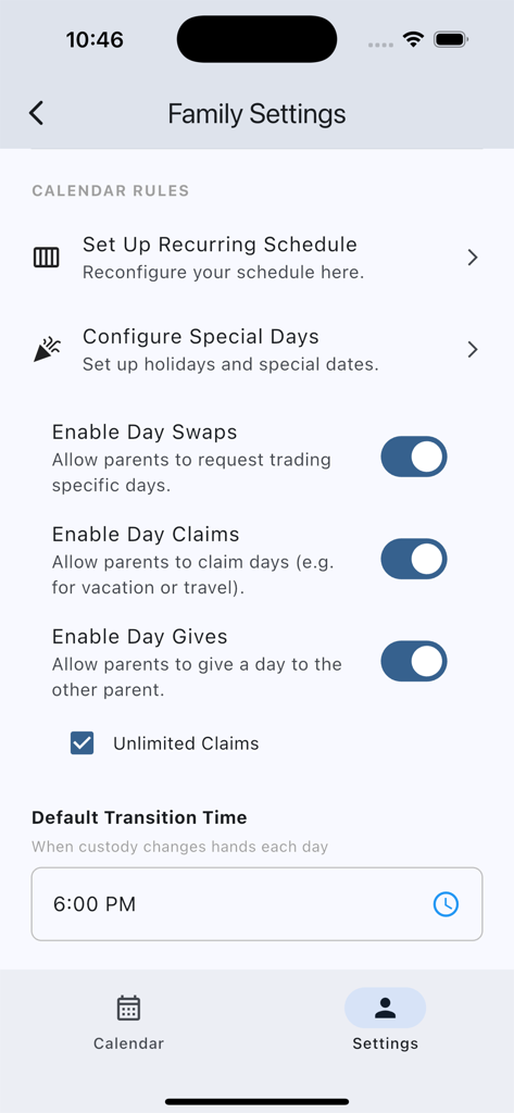 Child Custody Calendar - Family settings screen in the Child Custody Calendar app showing custody rules and transition time