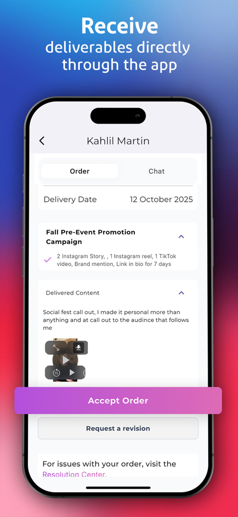 Jem: Turn Content Into Cash - Mobile interface showing influencer campaign deliverables with options to accept order or request revision