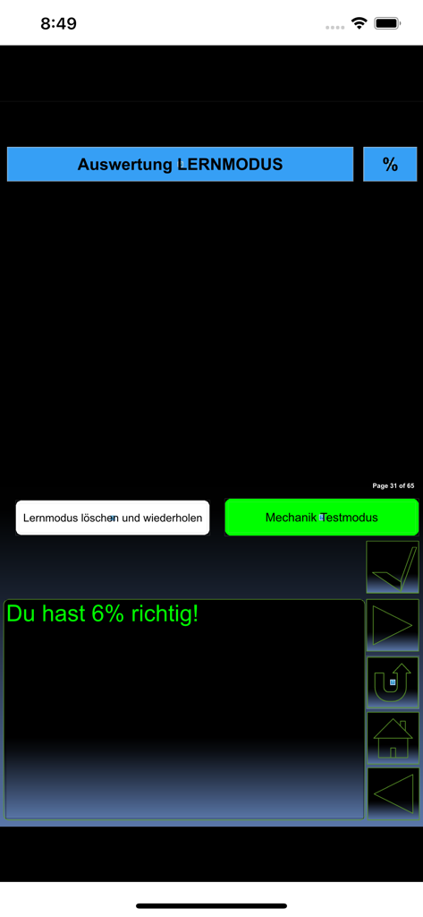 iPhysik 1 Quiz deutsch - Screen showing results and scores in the learning mode of the iPhysik physics quiz app