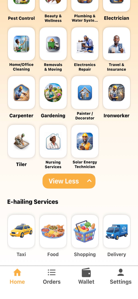 TaQ app interface displaying various home service and e-hailing categories