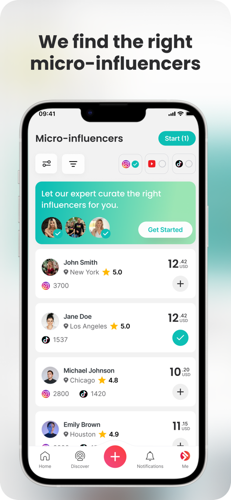 FameUp - Pantalla de la app FameUp mostrando una lista de microinfluencers con sus calificaciones y ubicaciones para colaboraciones de negocios