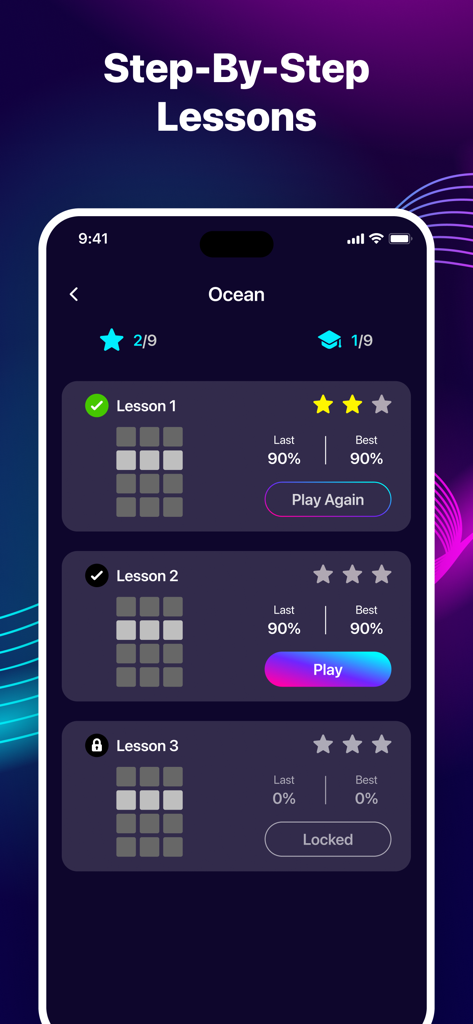 Music Pads: Beat Maker Machine - A screen from the Music Pads app showing step by step beat making lessons with progress scores and stars
