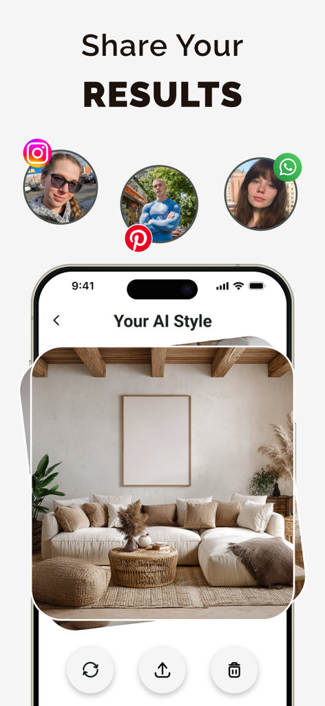 Deco: AI Remodel & Home Design - A smartphone displaying an AI generated room design with social media share icons for Instagram Pinterest and WhatsApp