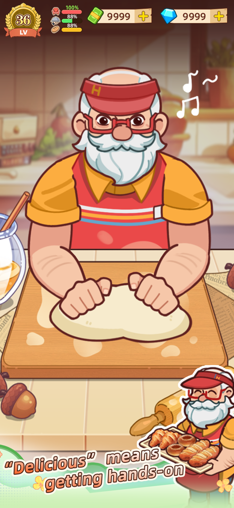 My Bakery Story-Decorate &Grow - An elderly cartoon baker character with a white beard and red hat kneading dough in a bakery