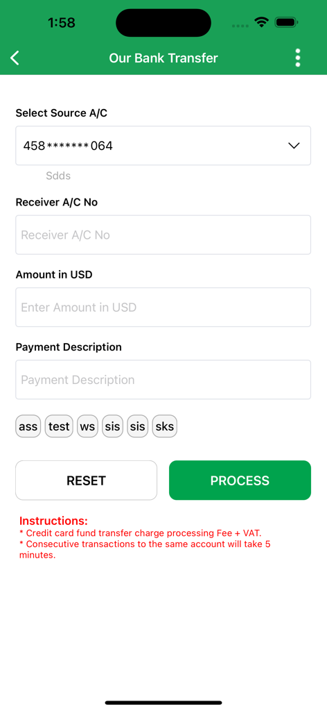 PI Offshore Banking - Mobile app screen for bank transfers in USD within the PI Offshore Banking application.