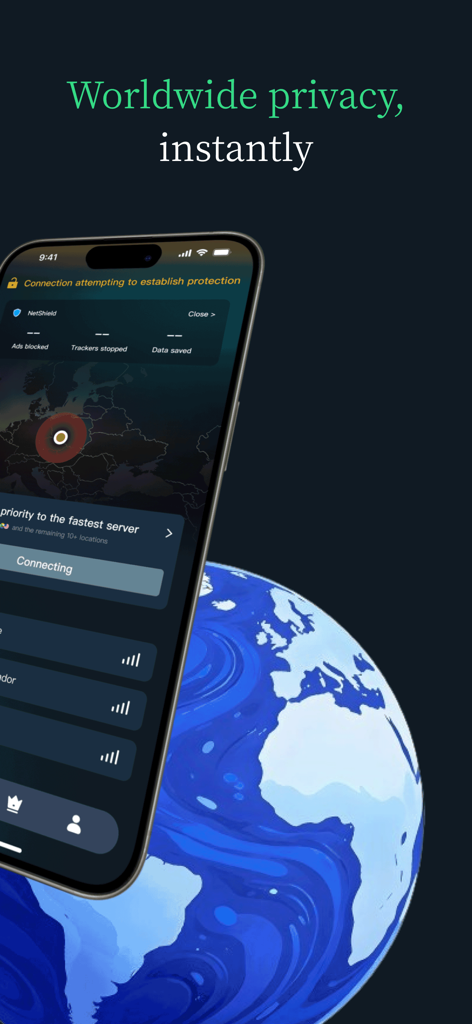 VPN - New VPN Planet Buck - iPhone showing VPN Planet Buck app interface with instant worldwide privacy message and global connection map