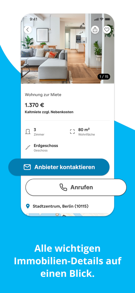 immonet Immobilien Suche - Capture d'écran de la page de détails d'un bien immobilier sur l'application Immonet, montrant un appartement à louer à Berlin avec le prix et les informations sur la pièce.