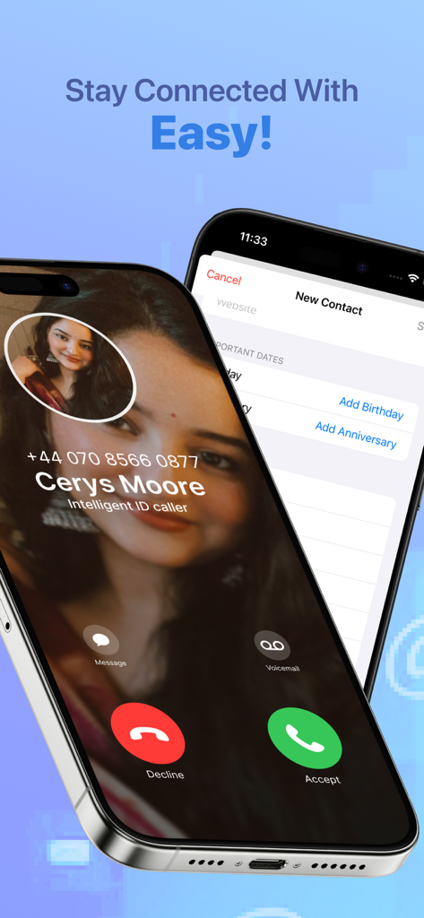 Interfaz de la aplicación New Contact+ mostrando una pantalla de llamada entrante con identificación de llamadas inteligente y un formulario de creación de nuevo contacto.