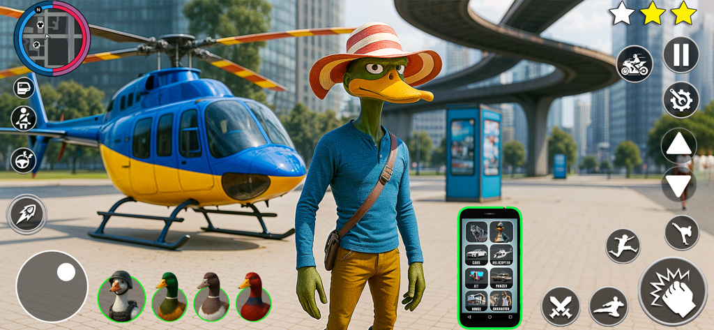 Duck Life In The City - A humanoid duck wearing a hat in a city environment next to a helicopter with mobile game UI.