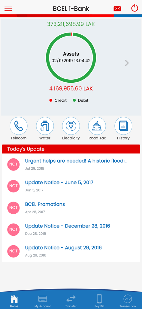 BCEL i-Bank app home screen showing account balance and quick access icons for utility bill payments