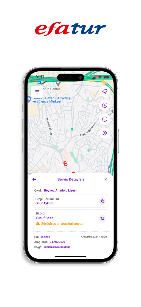 Efatur Servis - Interfaz de la aplicación Efatur Servis que muestra el mapa del transporte escolar en tiempo real y los detalles del conductor
