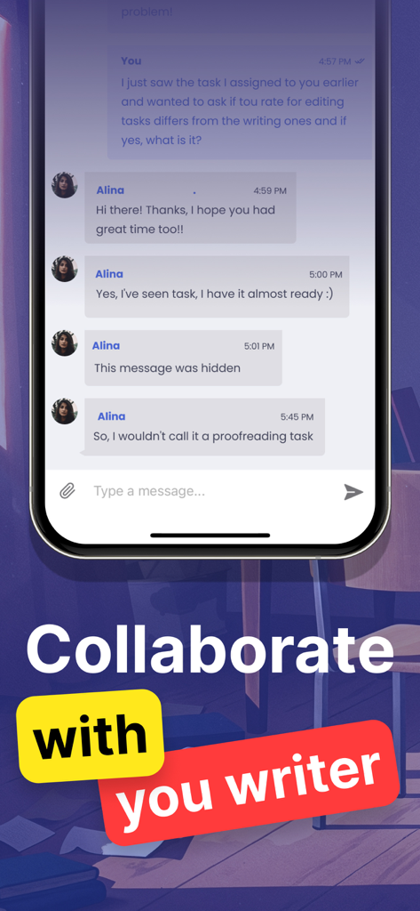 EssayPro: Real Writers Help - EssayPro app direct chat interface showing a conversation between a student and a professional writer for essay collaboration.