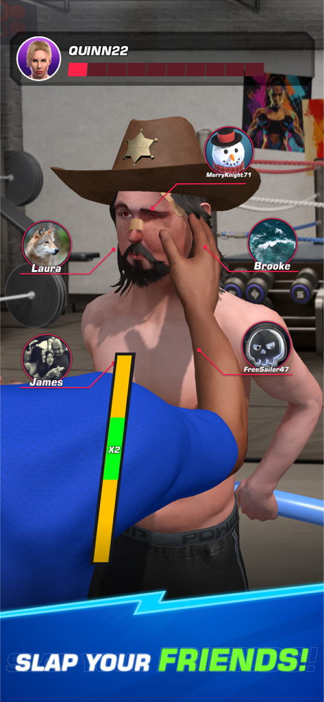 Power Slap - Écran de jeu de Power Slap montrant un combattant visant une gifle à un adversaire avec une barre de puissance et des icônes de joueurs sociaux.