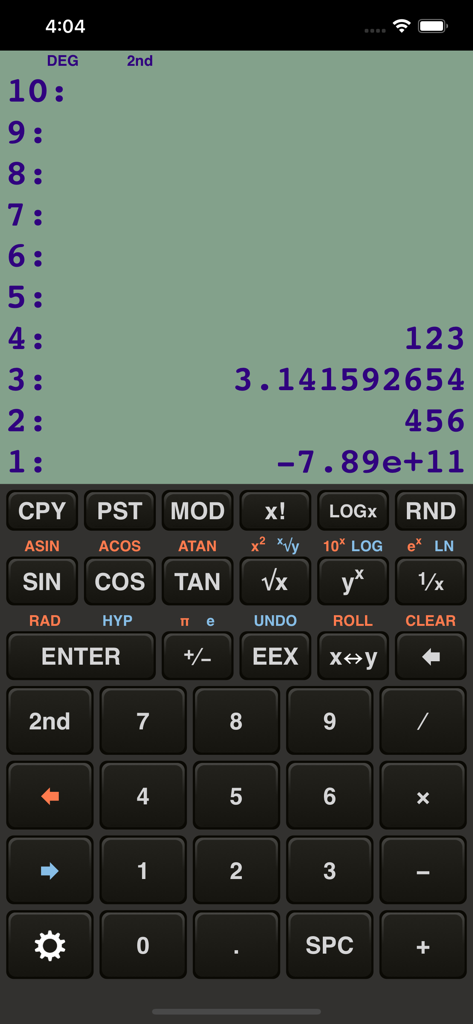 Interface of the RPN Calculator 48 app displaying a 10 entry stack and scientific buttons