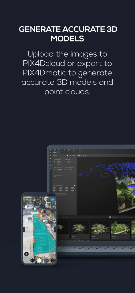 PIX4Dcatch: 3D scanner - Smartphone and laptop screens showing professional 3D model generation and point cloud processing