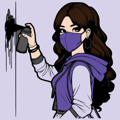 realistic girl with mask spray painting a wall