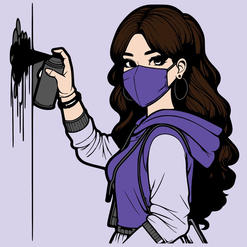 realistic girl with mask spray painting a wall