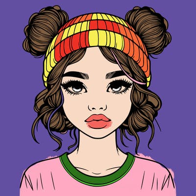 realistic girl with buns in her hair with a beanie on