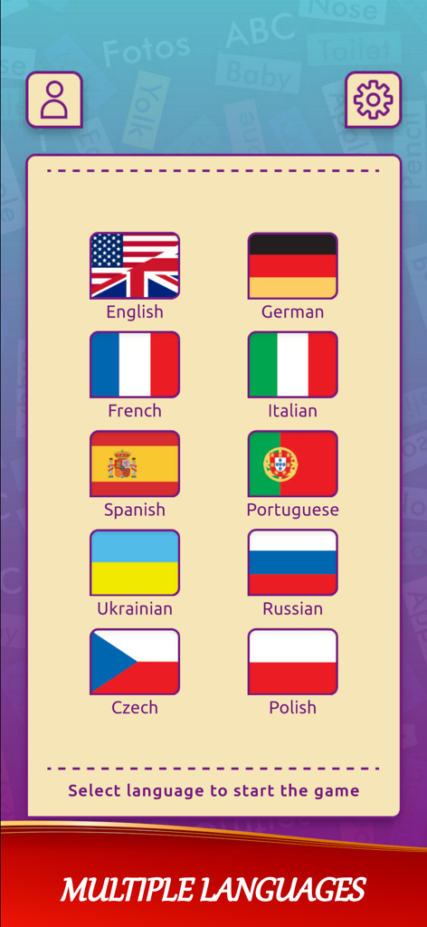 Écran de sélection de langue dans l'application Mots Cachés montrant les drapeaux nationaux pour l'anglais, l'allemand, le français, l'italien, etc.