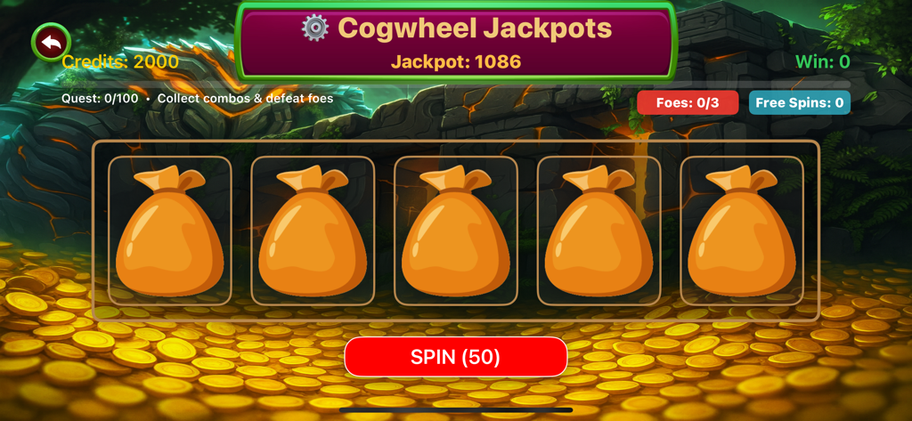 Xaldrith Phydal Slots - Gameplay of Cogwheel Jackpots mode showing five money bag icons on the reels and a red spin button