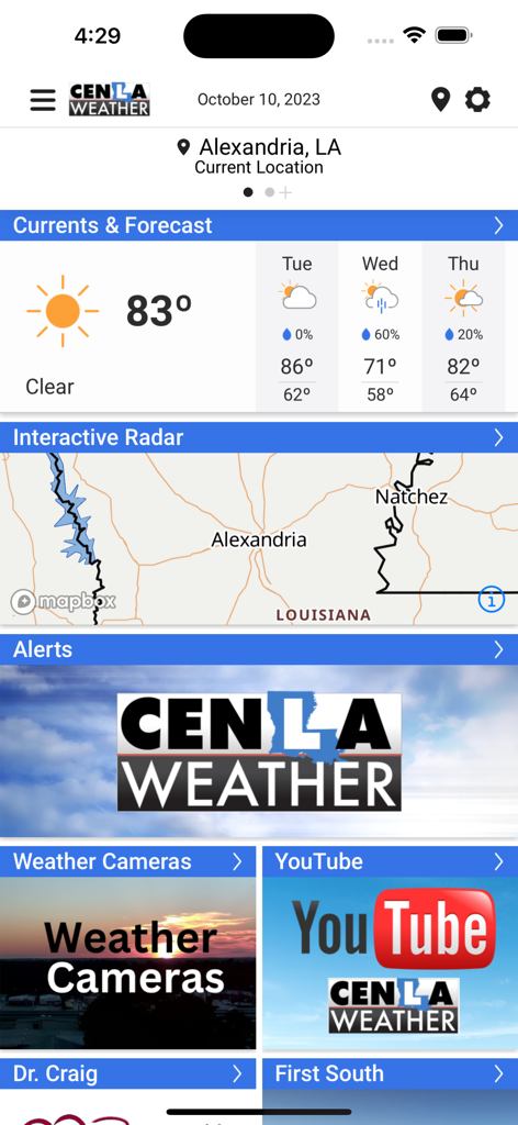 CenLa Weather app showing Alexandria Louisiana forecast and interactive radar.