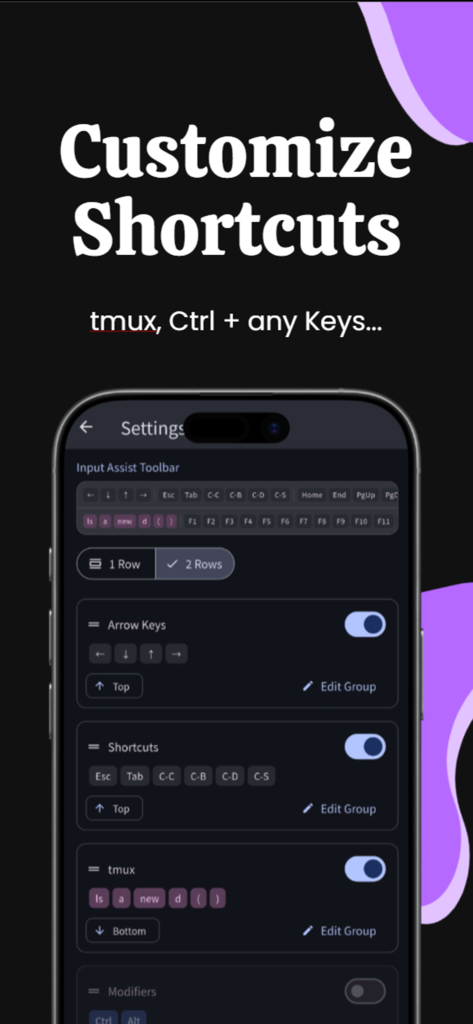 SSH Term X terminal shortcut customization settings and input assist toolbar configuration