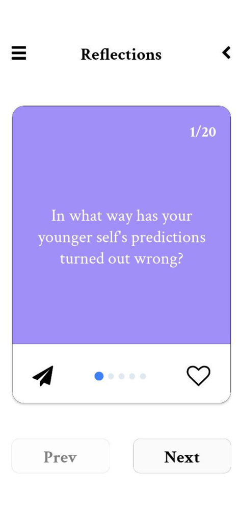 A self-reflection card in the Cairds app asking about younger self predictions.