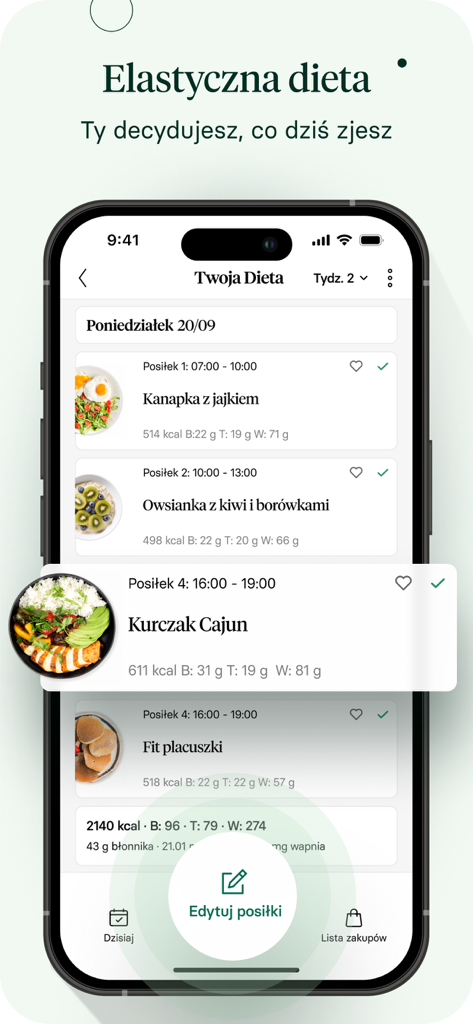 Respo: Dieta i Licznik kalorii - Mobile interface of Respo app showing a flexible daily meal plan with calorie details
