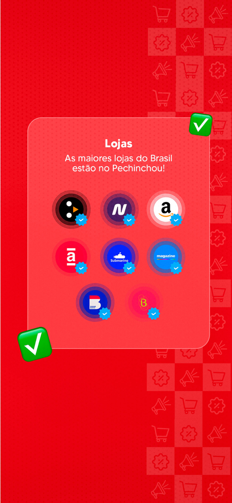 Pechinchou: Promoções e Cupons - Una pantalla móvil que muestra logotipos de las principales tiendas minoristas brasileñas que aparecen en la aplicación Pechinchou.