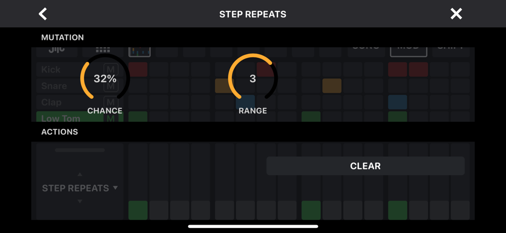 OCTACHRON app interface showing step repeats and mutation settings with chance and range controls