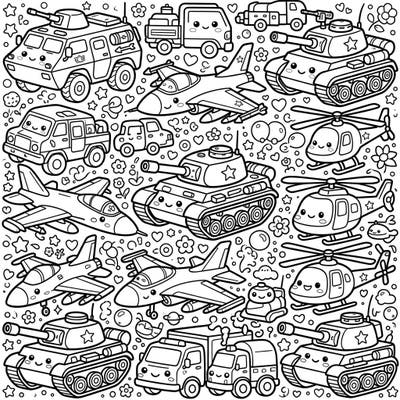 Explore a charming collection of Kawaii military vehicles, transformed into irresistibly cute characters ready for your artistic touch. This delightful coloring page offers a unique blend of powerful machines and adorable aesthetics, perfect for all ages.