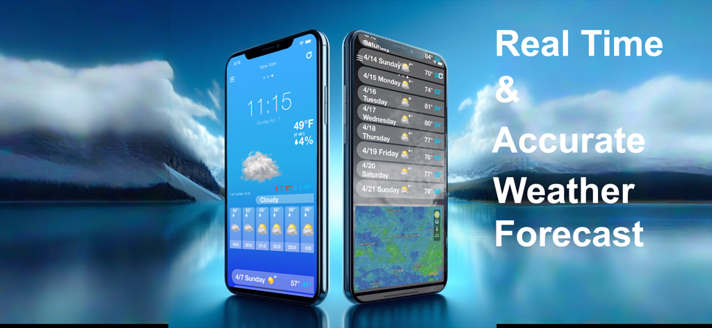 Weather Forecast ٞ - Dois iPhones exibindo informações de previsão do tempo em tempo real e precisas com um cenário cênico de montanha e lago