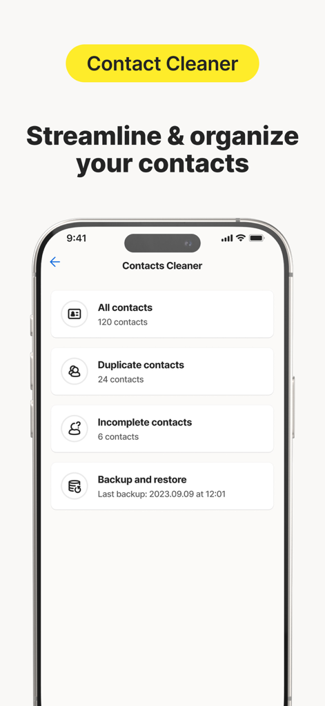 Norton Cleaner: Phone Cleanup - Norton Cleaner app interface showing contact organization options including duplicate and incomplete contact removal