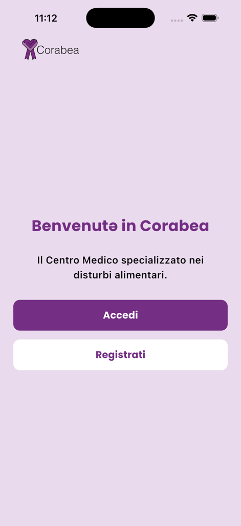 Corabea - The welcome screen of the Corabea mobile app featuring login and registration options for eating disorder medical services.