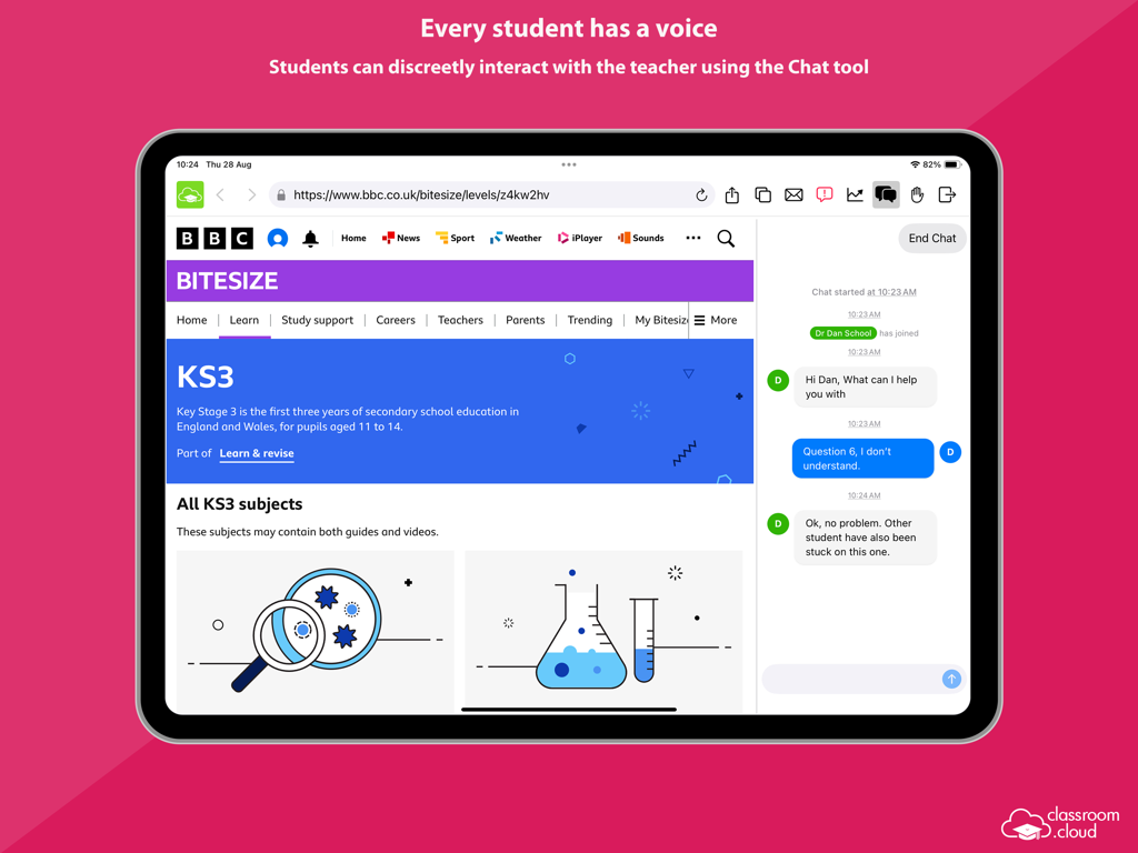 classroom.cloud Student - A student using the classroom.cloud chat tool on an iPad to discreetly ask a teacher for help during a lesson.