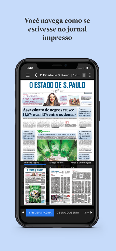 Aplicativo Estadão Digital em um smartphone exibindo uma réplica digital da edição impressa do jornal