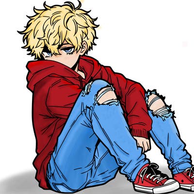 a male hoddie ripped jeans messy hair anime