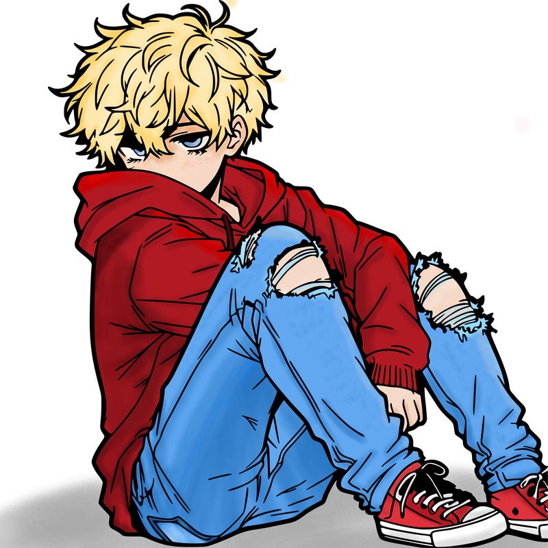 a male hoddie ripped jeans messy hair anime