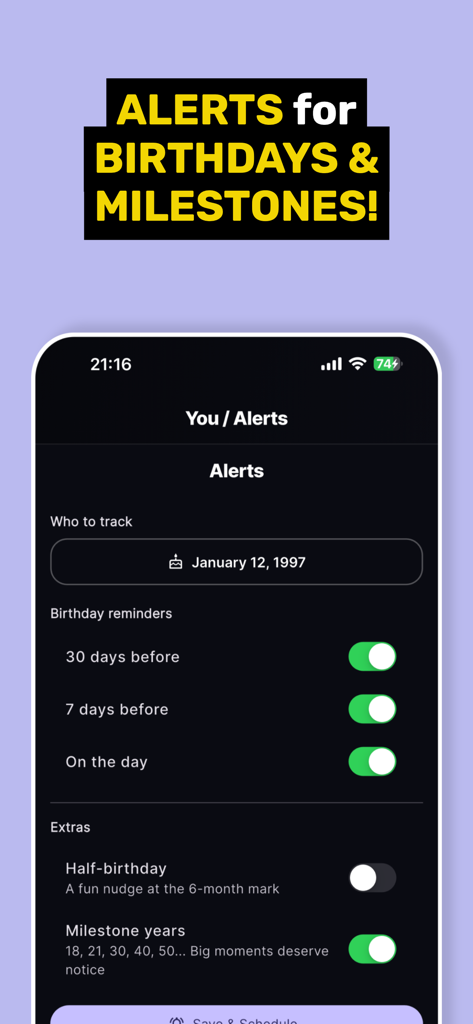 Chronological Age Calculator! - Interface para configurar notificações de aniversário e marcos no aplicativo de calculadora de idade.