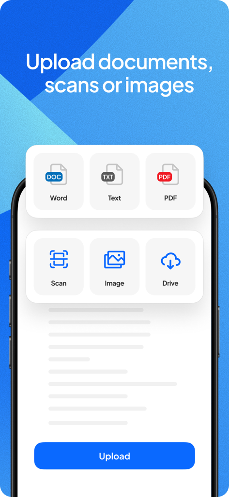 Fax.Plus app interface showing options to upload Word, PDF, text files, images, or scan documents for faxing.