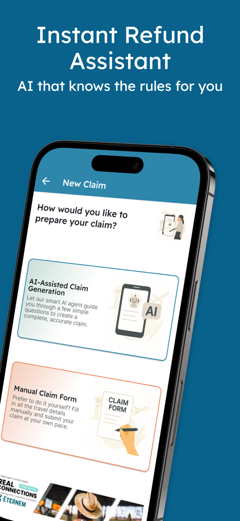RefundMe AI travel claims - RefundMe mobile app screen showing options for starting an AI-assisted or manual travel claim.