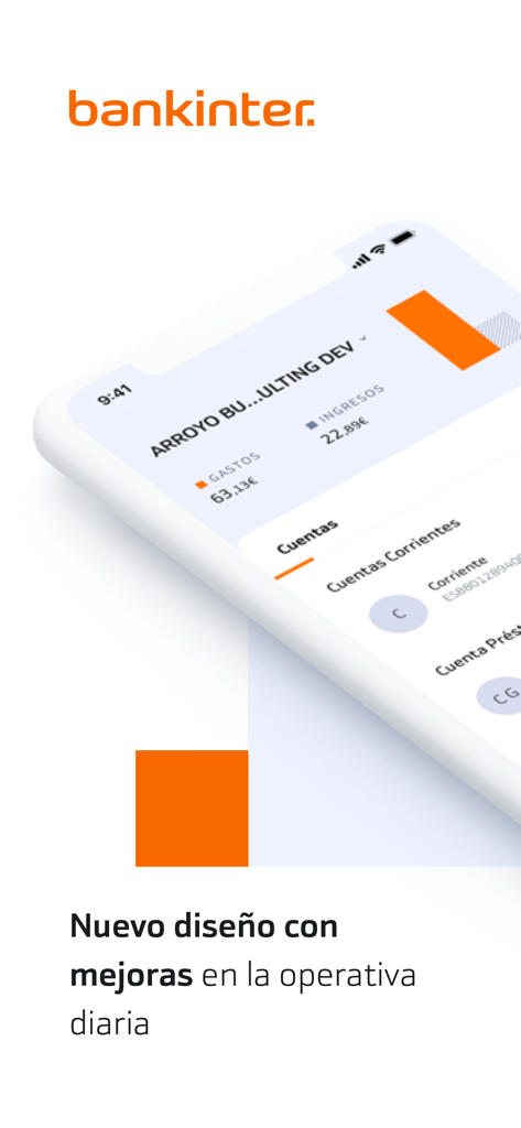 ビジネス口座残高と日々の操作を示すBankinter Empresasモバイルアプリのインターフェース