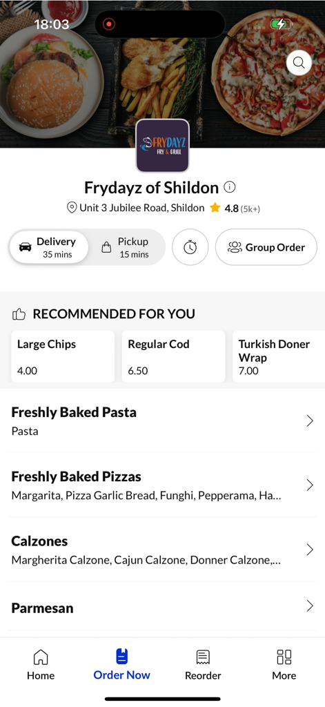 Frydayz Of Shildon LTD - Home screen of Frydayz of Shildon mobile app showing food menu categories and delivery options