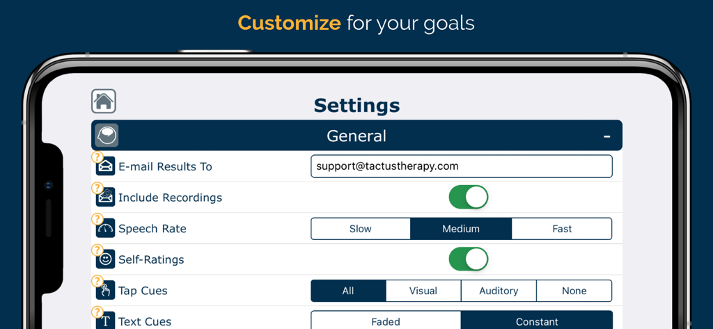 Settings screen of the Apraxia Therapy app showing customization options for speech rate and cues
