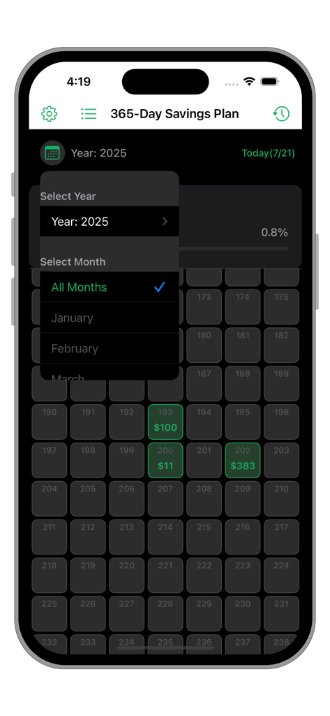 Interface of the 365-day savings plan app showing a grid of daily progress with specific savings amounts highlighted in green
