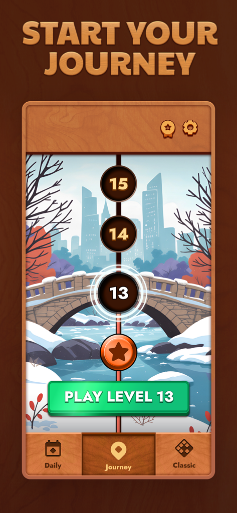 Woodoku - Wood Block Puzzles - Schermata di gioco Woodoku che mostra la modalità viaggio con indicatori di progressione del livello su un'illustrazione di una città invernale.