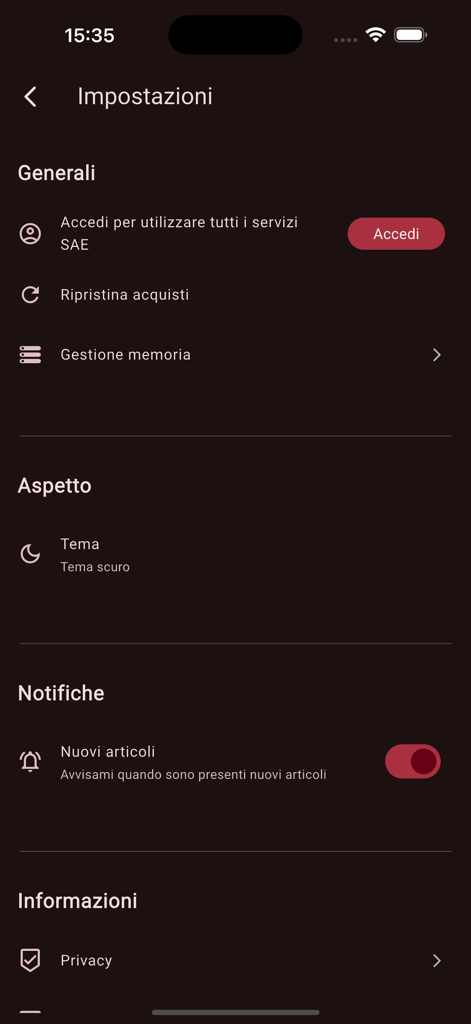 La Gazzetta di Reggio - Pantalla de configuración de la aplicación móvil de noticias La Gazzetta di Reggio.